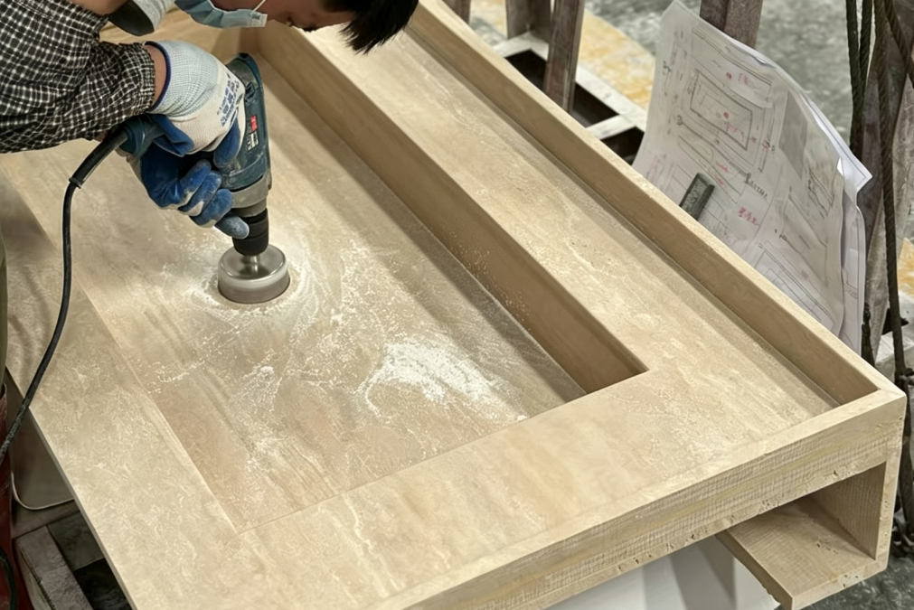 Functional features for OEM stone sinks and furniture