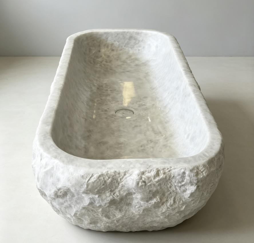 Custom White Quartzite Vessel Sink with Natural Chiseled Finish