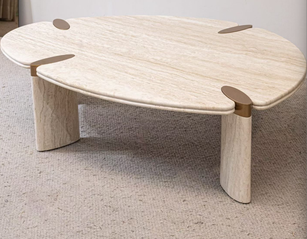 Custom Beige Travertine Coffee Table with Copper Accents