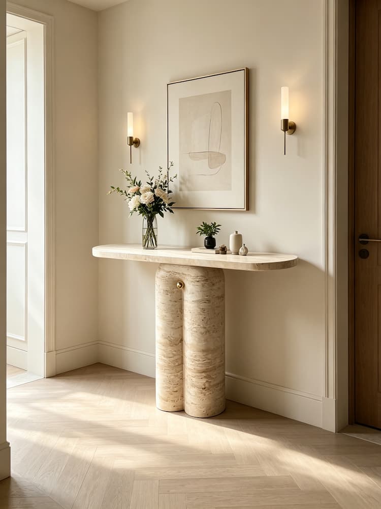 Custom Cream Travertine Console Table with Sculpted Double-Leg Base