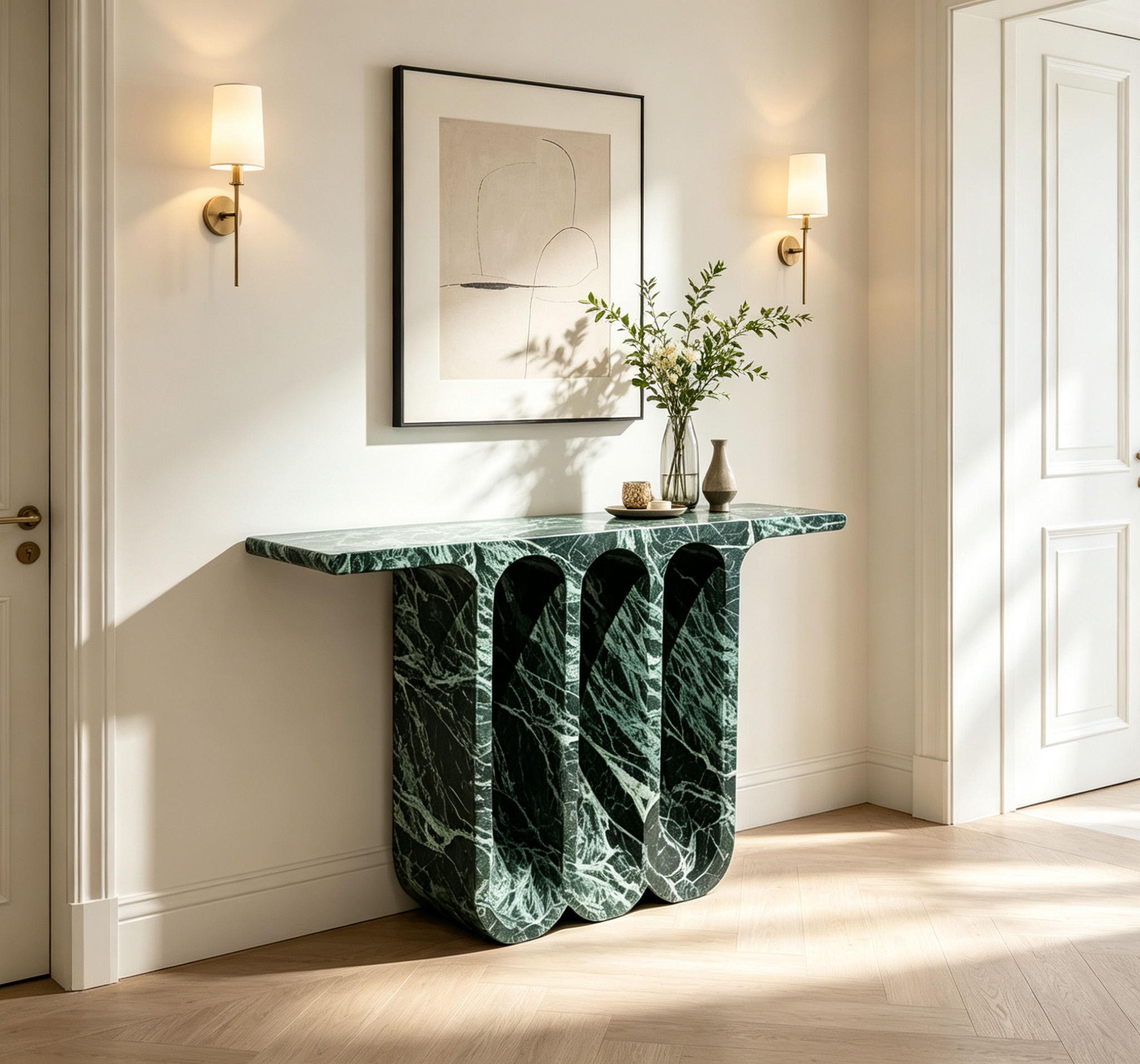 Custom Dark Green Marble Console Table with Sculpted Monolithic Base