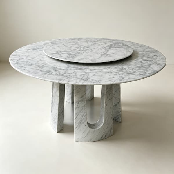 Custom Italian White Marble Round Dining Table with Rotating Center