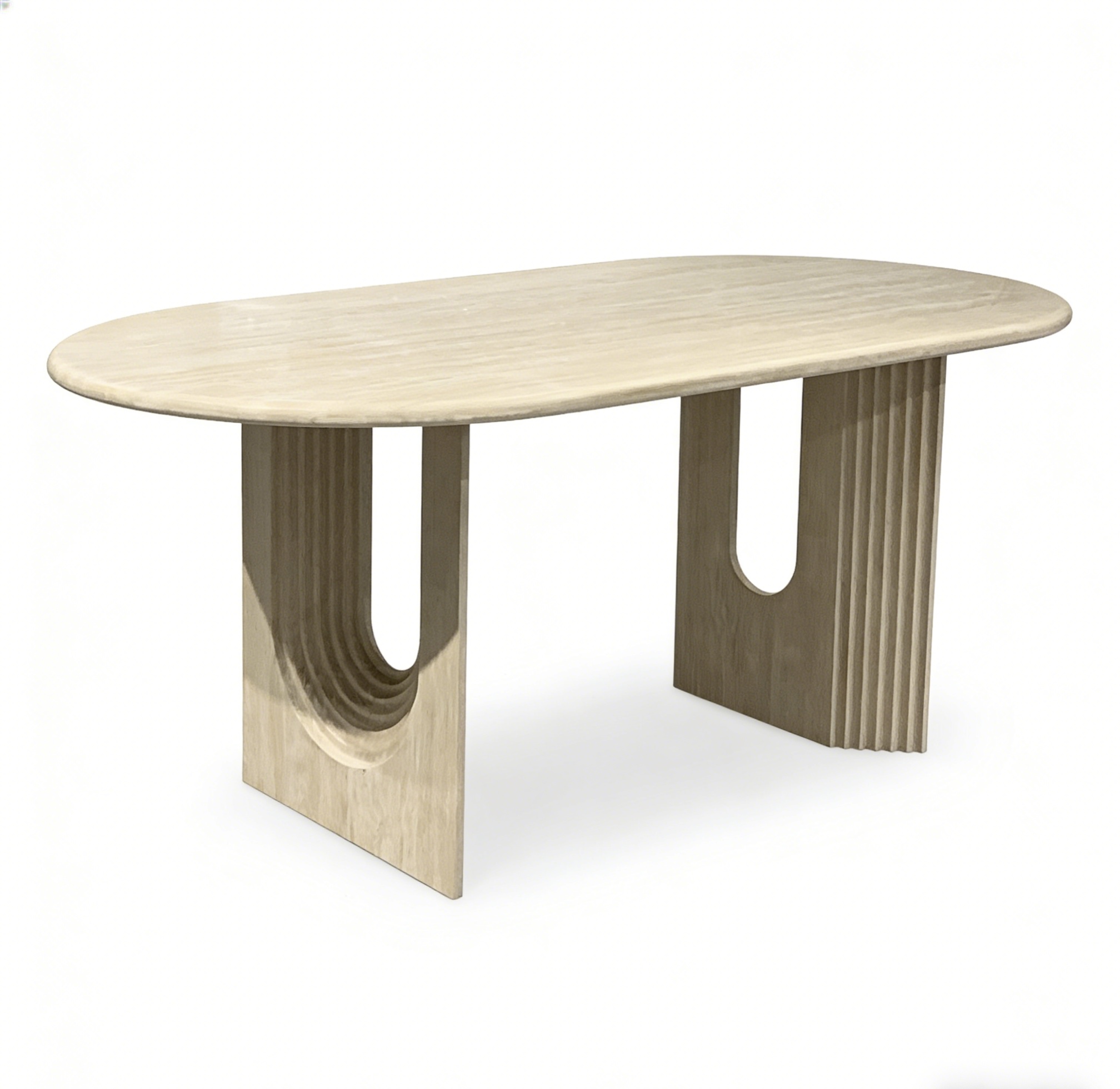 Custom Racetrack Travertine Dining Table with Sculptural Layered Legs