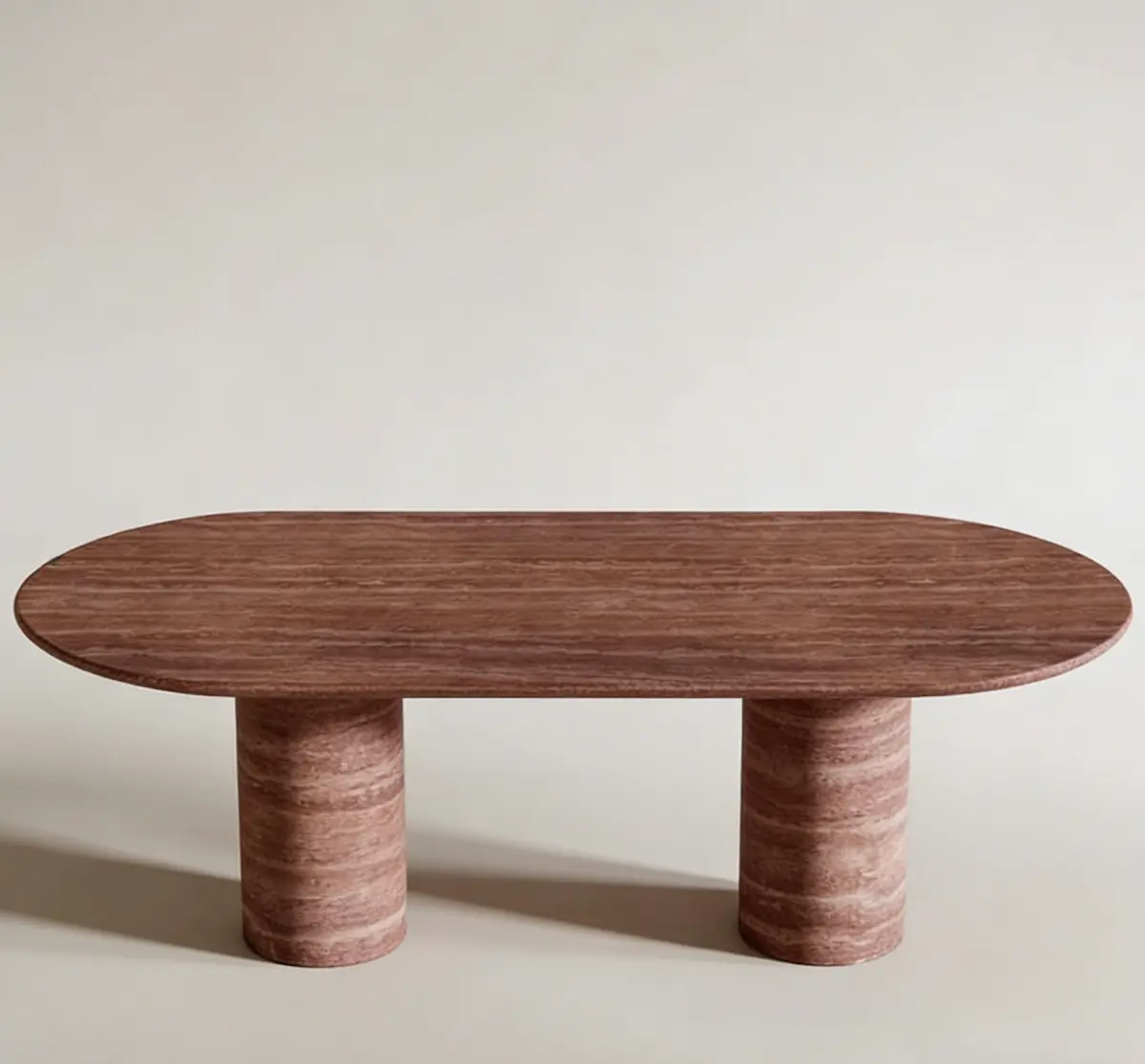 Custom Red Travertine Oval Dining Table with Cylindrical Stone Legs
