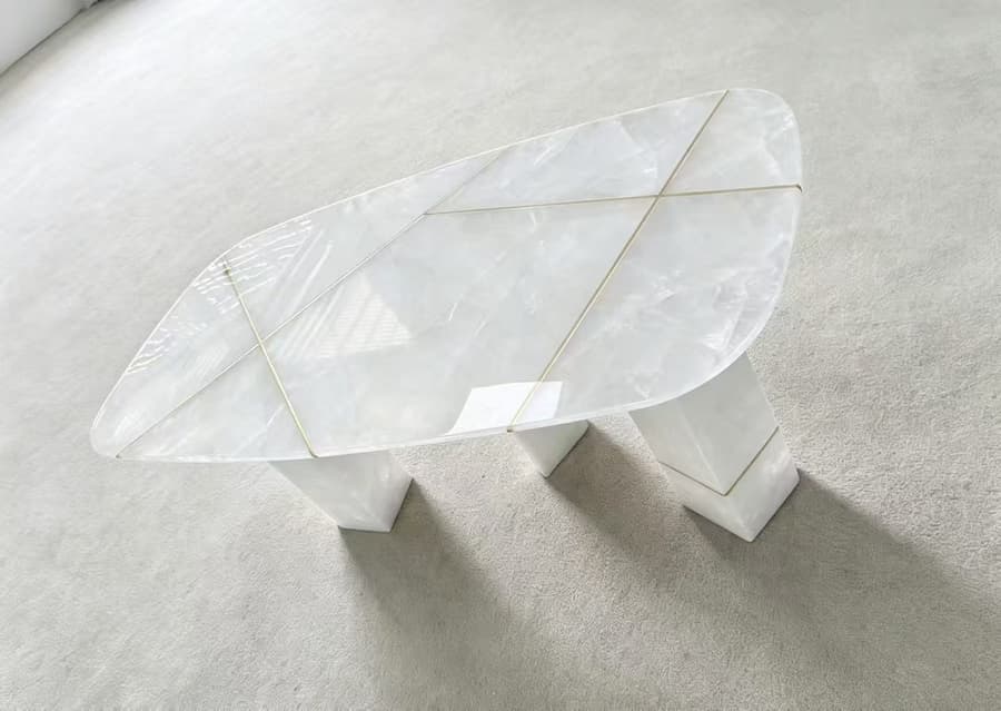 Custom White Crystal Dining Table with Brass Inlay
