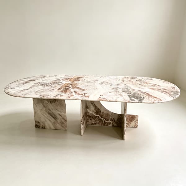 Custom White Marble Dining Table with Pink Veining and Geometric Base